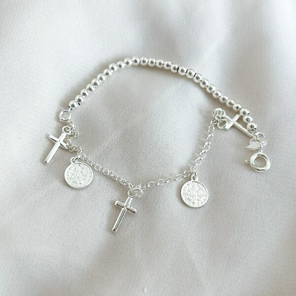 PULSERA DE BOLITAS CON CRUZ Y SAN BENITO