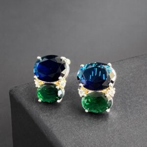ARETE CUADRADO DE PIEDRA ESMERALDA Y SAFIRO AZUL